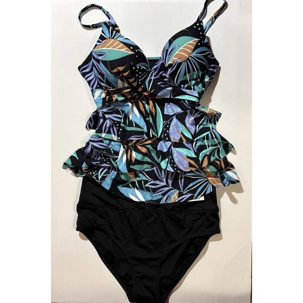 New Leilani Swim Set Palm Tankini Swim Top & High Waisted Black Bottoms Size 6